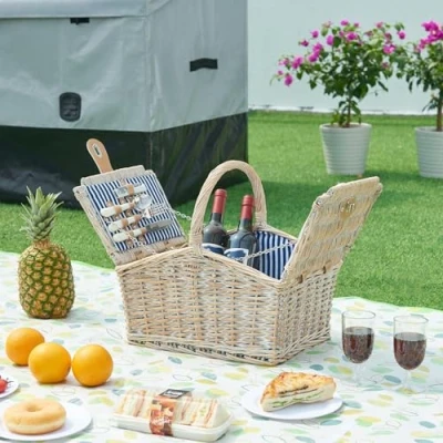 Abbildung von casa.pro Picknickkorb (Komplett Set), »Lumparland« für 2 Personen Weide 40x28x37 cm Weiß / Blau