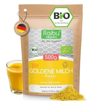 Abbildung von Goldene Milch Pulver BIO 500g Golden Milk mit Kurkuma Ashwagandha Latte Mix Zimt, Ingwer Ayurveda Geschenke Raibu Naturprodukte