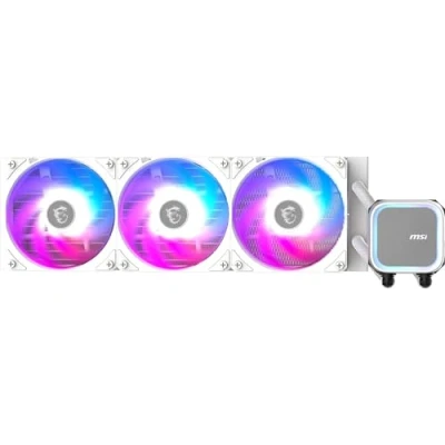 Abbildung von MSI MAG CORELIQUID A13 360 WHITE AIO CPU Wasserskühler Volle Abdeckung, verbessertes Wasserkanal Design, CycloBlade 7, Split Flow Radiator, Rifle Lager
