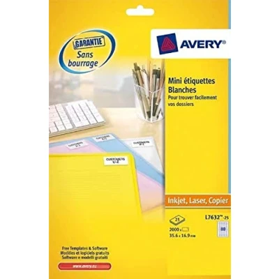 Abbildung von Avery L7632 25 Mini Etiketten für Laserdrucker 35,6 x 16,9 mm 2.000 Stück Weiß