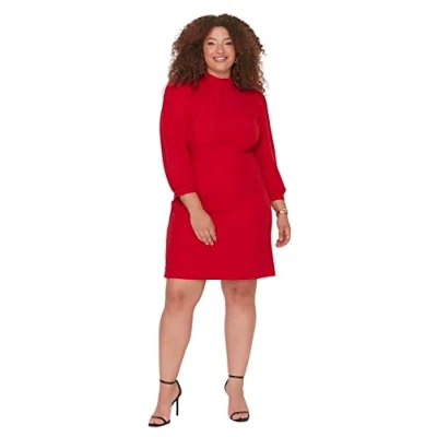 Abbildung von Trendyol Damen Übergröße A Linie Stehkragen Webstoff Große Größen in Kleid, Rot, 44 EU