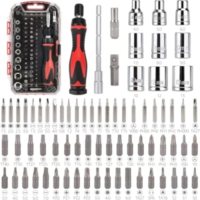 Abbildung von Amazon Basics Ratschenschlüssel magnetisch und PräzisionsSchraubendreher für Elektronik, 73 stück, 1er Pack, Schwarz/Silber/Rot