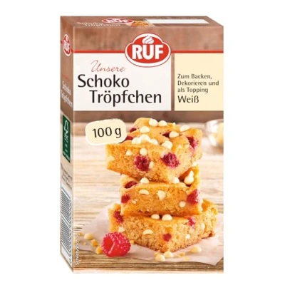 Abbildung von RUF weiße Schokolade Tröpfchen, backfeste Schoko Tropfen weiß, zum Backen &amp; Dekorieren von Torten, Kuchen Muffins, als Topping für Porridge, Bowl, Waffeln