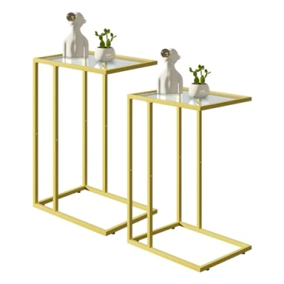 Abbildung von Beistelltisch C Form, Couch Beistelltisch, Kaffeetisch Kleiner Tisch, Sofa Tisch Bett, Side Table Sofa, Couchtisch Klein Laptop Sofatisch, Glasmaterial, golden(2pc)