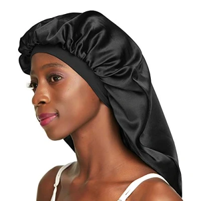 Abbildung von Awefeel Doppelschichtige Satin Schlafhaube für langes Haar, Zöpfe, Dreadlocks, lockiges Haar Schwarz Medium