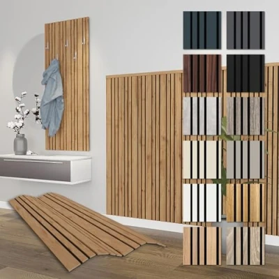 Abbildung von HEXIM Akustikpaneele Holz 138,5x60cm Mila flexible Wandpaneele 8er Set (6,64m²) Wanddeko Holzpaneele Wand Kombipaneel Wandverkleidung Schalldämmung Akustikfilz braun Pecan