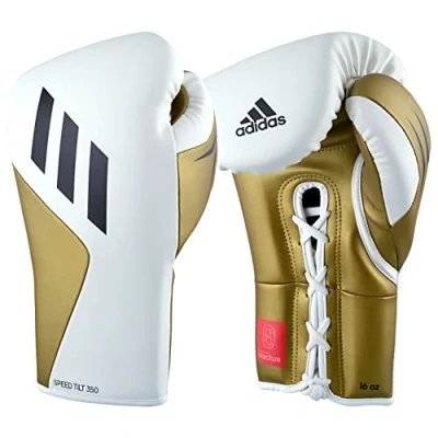Abbildung von adidas Boxhandschuhe Speed Tilt 350 Velcro 18 oz, Farbe: weiß/Gold mit innovativer TILT® Technologie die ersten 100% nachhaltig hergestellten aus Kaktusleder