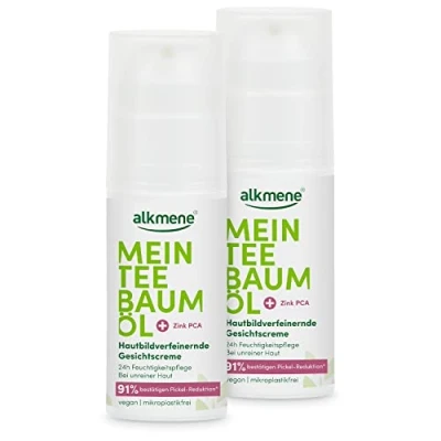 Abbildung von alkmene Mein Teebaumöl Gesichtscreme 2x 50 ml Pickel Reduktion 91% bestätigt Naturreines Teebaumöl, vegan &amp; klimaneutral 24h Feuchtigkeitspflege für unreine Haut Creme