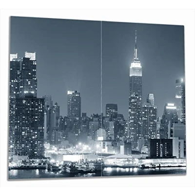 Abbildung von Wallario Herdabdeckplatte/Spritzschutz aus Glas, 2 teilig, 60x52cm, für Ceran und Induktionsherde, New York Skyline Schwarz Weiß Blau