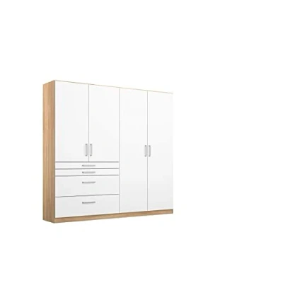 Abbildung von Rauch Möbel Harburg Schrank Kleiderschrank Drehtürenschrank Weiß/Eiche Sonoma 4 türig mit Schubladen inklusive Zubehörpaket Basic 3 Einlegeböden, 1 Kleiderstange BxHxT 181x197x54 cm