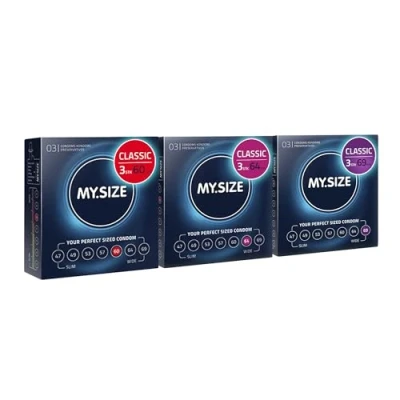 Abbildung von MY.SIZE Classic Kondome 3er Probierpackung I 60, 64, 69 mm Breite 3x3 Stück Premium extra dünn gefühlsecht hauchzart dünne 0,07 Wandstärke vegan