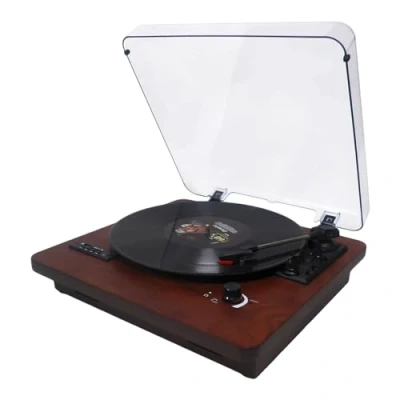 Abbildung von Vinyl Plattenspieler mit Bluetooth Ausgang und Eingang, FM Radio, USB/SD Aufnahme, 3 Gang 33/45/78 U/min, RCA Ausgang, AUX Eingang