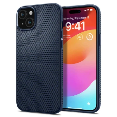 Abbildung von Apple iPhone 15 Plus Hülle Silikon Spigen Soft Case/Backcover Handyhülle Blau Shockproof/Stoßfest
