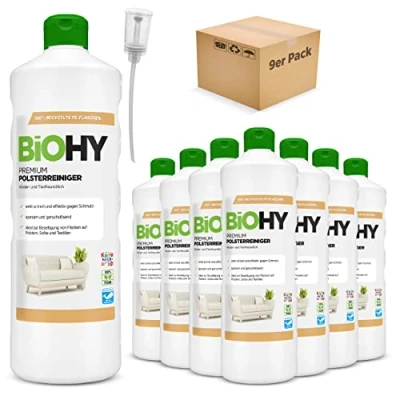 Abbildung von BiOHY Premium Polsterreiniger (9 x 1 Liter) + Dosierer Bio Konzentrat für Polstermöbel, Sofas, Teppiche &amp; Textilien Nasssauger andere Geräte geeignet geruchslösender Fleckentferner