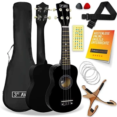 Abbildung von 3rd Avenue Sopran Ukulele mit 54 cm/21“, Anfängerset Tasche, Ständer, Gurt, Saiten, Plektren und Griffbrett Aufkleber in Schwarz KOSTENLOSE 1 monatige Online Lektionen