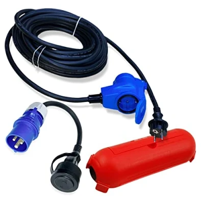 Abbildung von CEE Adapterleitung Set 10m Winkelkupplung an Schuko Stecker + Adapter Kabel u. Schutzbox rot H07RN F 3x2,5mm² 230V 16A Stromadapter Camping für Wohnmobil Wohnwagen Boot