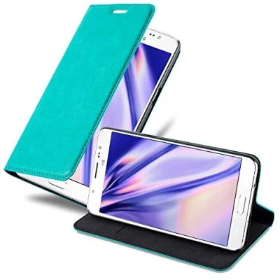 Abbildung von Cadorabo Hülle kompatibel mit Samsung Galaxy J5 2016 aus Premium Kunst Leder Flip Klappbare Stoßfeste Magnetische [Standfunktion] [Kartenfächern] Cover für Tasche in Türkis