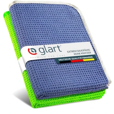 Abbildung von Glart Auto Trockentuch Waffeltuch 2er Set Premium Mikrofasertücher extra saugstark 70x40cm Kratzfreies Trocknen vor Autopolitur &amp; nach Felgenbürste Mikrofaser Grün