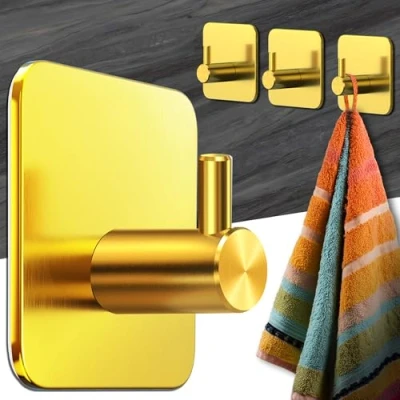 Abbildung von Menz Handtuchhalter ohne Bohren 4 Stück goldene Badezimmer Handtuchhalter, Edelstahl Klebehaken, funktionale Haken, Haken selbstklebend, Handtuchhaken für Bad, Küche, mit wasserfesten Klebepads