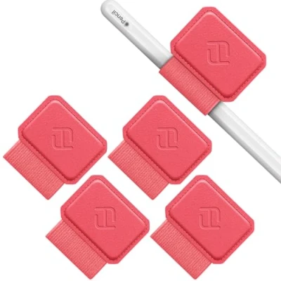 Abbildung von Fintie 4 Stück Stifthalter Selbstklebend für Apple Pencil und Stylus Stift, Elastisch Kunstleder Pen Loop Holder Notizbuch, Kalender, Tablet, Ordner, Rot