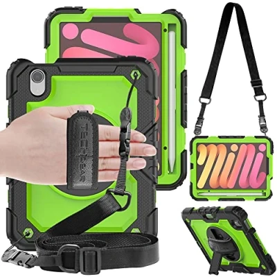 Abbildung von TECHGEAR Utility Hülle für iPad Mini 6 2021 6. Generation (8.3 Zoll) Robust Heavy Duty Stoßfeste Schutzhülle mit 360 Grad Schwenk ständer, Hand Schultergurt Eingebaut Bildschirm Grün