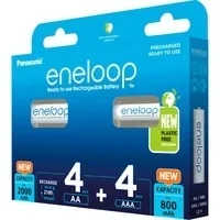 Abbildung von eneloop, AA/Mignon + AAA/Micro NI MH Akku, 8er Pack, Kapazität mit min. 2000 800 mAh, Ready to Use Akkus, bis zu Mal wiederaufladbar, plastikfreier Verpackung, Standard, weiß
