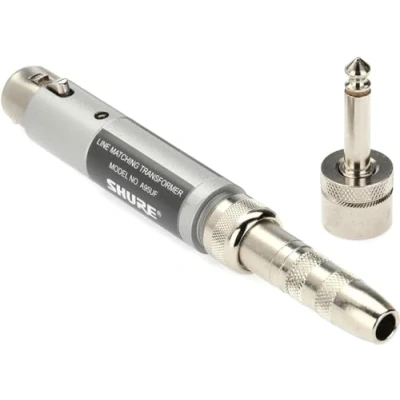 Abbildung von Shure A95UF Transformator Low Z, Female XLR auf High Z MC1M Stecker mit passendem 1/4 Zoll Telefonstecker/Buchse