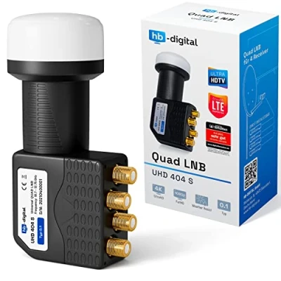 Abbildung von HB DIGITAL LNB Quad UHD 404 S für 4 Teilnehmer Hitze und Kältebeständigkeit LTE Universal Single (für Teilnehmer, Die vergoldeten F Anschlüsse noch bessere Signalübertragung)