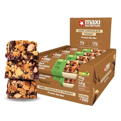 Abbildung von MaxiNutrition Dark Chocolate Peanut Nussriegel vegan 12x46g Protein Riegel aus ganzen Nüssen mit 22% Protein, plant based, ohne Zuckerzusatz, künstliche Aromen
