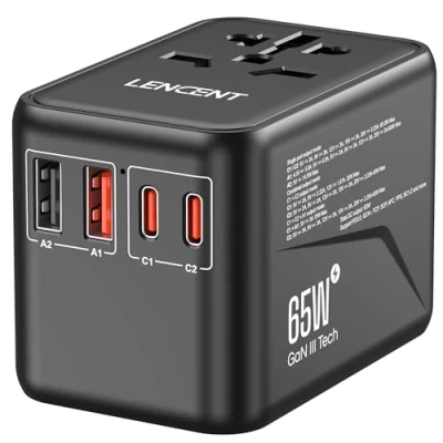 Abbildung von LENCENT Universeller Reiseadapter, GaN3 65W Internationales Adapter mit 2 QC4,0 USB A+2 PD3,0 Typ C PPS Schnellladung, Weltweiter Reisestecker für USA/UK/EU/AUS Steckdosen, Schwarz