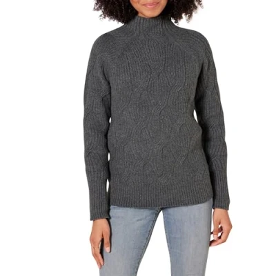 Abbildung von Amazon Essentials Damen Soft Touch Pullover mit Trichterkragen und Zopfmuster, Dunkelgrau Meliert, L