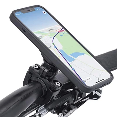 Abbildung von Wicked Chili QuickMOUNT Fahrrad Halterung kompatibel mit iPhone 12/12 Pro (6,1 Zoll) Motorrad Outdoor Case + Sicherungsband (für 22 32 mm Lenker) schwarz