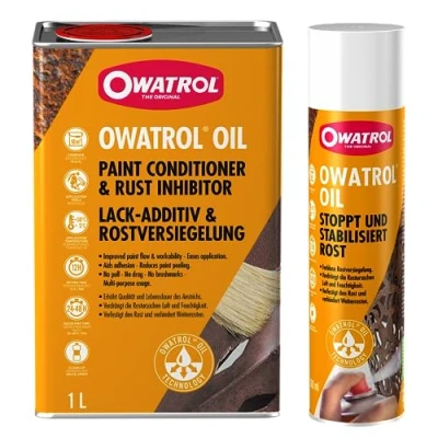Abbildung von OWATROL OIL Set Farbloser Rostschutzlack (1 Liter) und spray (300ml) farblos dringt ein stoppt Rost, Schutz für Oberflächen aus Metall Kunststoff Glas Holz