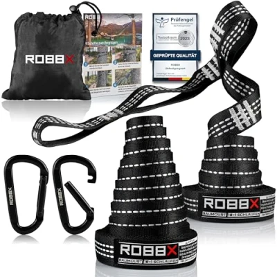 Abbildung von ROBBX® Hängematte Befestigungsset 300x2,5cm inkl. Schwerlast Karabiner Hängematten Aufhängung mit 18 Schlaufen bis 1200kg Schaukel Baum Befestigung