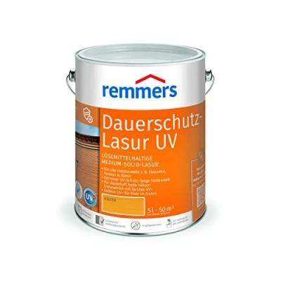 Abbildung von Remmers Dauerschutz Lasur UV kiefer, 5 Liter, Dekorative Medium Solid für Außen, auch helle Farbtöne und farblos UV+, wetterbeständig