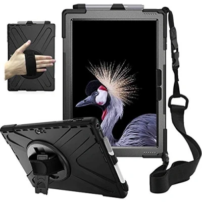 Abbildung von ZenRich Surface Pro 7 Plus/Pro 7/Pro 6/Pro 5/Pro 4/Pro LTE Hülle mit Stifthalter, drehbarem Ständer, Handschlaufe und Schultergurt, strapazierfähig, stoßfest, Ganzkörperschutz, Schwarz