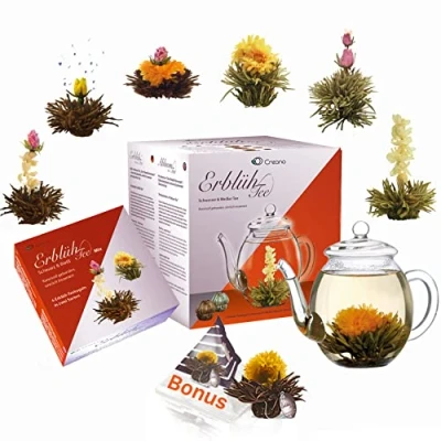 Abbildung von Creano Teeblumen Geschenkset Erblühtee mit 500ml Glaskanne &amp; 6x schwarzer weißer Tee + 1x Teelini Schwarztee Bonuskugel 8 teilig