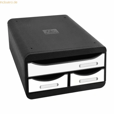 Abbildung von Exacompta 3117213D Ablagebox Glossy mit 1 Schublade für DIN A4+ und 2 schmalen Schubladen. Belastbare Schubladenbox aus Recycling Kunststoff mehr Platz. SmallBox Blauer Engel schwarzweiß