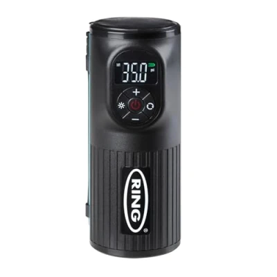 Abbildung von Ring Automotive RTC2000 Digitaler wiederaufladbarer kabelloser Reifenfüller, Luftkompressor und elektrische Fahrradpumpe mit Manometer, Memory LED Licht, Powerbank Adapter Set, schwarz
