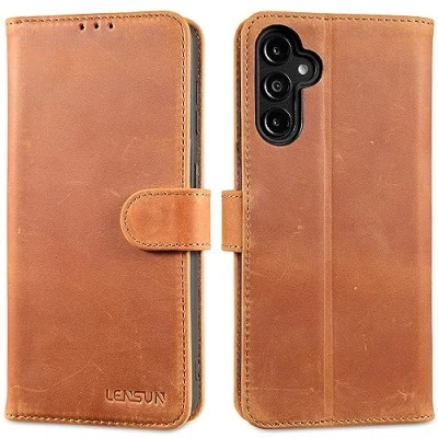Abbildung von LENSUN Lederhülle für Samsung Galaxy A14, Handyhülle Flip Cover [Echtes Leder][Kartenfach][RFID Schutz] Echtleder Hülle Handytasche A14 4G/5G Vintage Braun