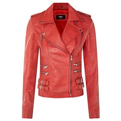 Abbildung von Infinity Leather Damen Retro Rot 100% Nappaleder Bikerjacke 5XL