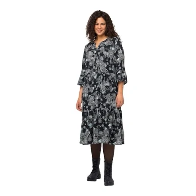 Abbildung von Ulla Popken MIDI Volants Ligne EN A COL Tunisien Manches 3/4 Freizeitkleid, Damen, Größe: 54/56, Marine