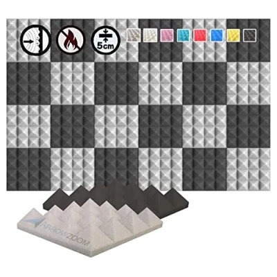 Abbildung von Arrowzoom 24 Akkustik Platten Akkustikschaumstoffmatten Akustikschaumstoff 25x25x5cm Dämmung Wedge Noppenschaumstoff Breitbandabsorber Foam Feuerhemmend Tonstudio Schallabsorbierende Grau Schwarz