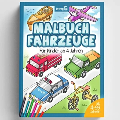 Abbildung von Malbuch Fahrzeuge für Kinder ab 4 Jahren: Dreidimensionales Denken beim Malen von Autos, Einsatzfahrzeugen der Polizei, Feuerwehr, Traktor, Bagger und weiteren Malvorlagen wird geschult.