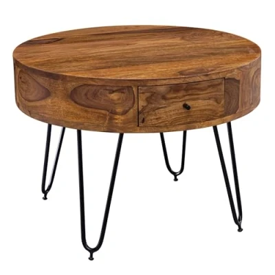 Abbildung von Wohnling Couchtisch WL5.958 (Sheesham Massivholz / Metall 60x44,5x60 cm Rund), Sofatisch Stauraum, Wohnzimmertisch Haarnadelbeine