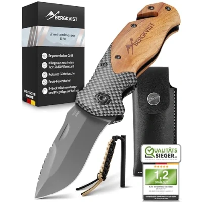 Abbildung von BERGKVIST® K20 Klappmesser (Zweihandmesser) mit Holzgriff &amp; Titanium Mitführen erlaubt 3 in 1 Taschenmesser Glasbrecher, Gurtschneider Feuerstahl