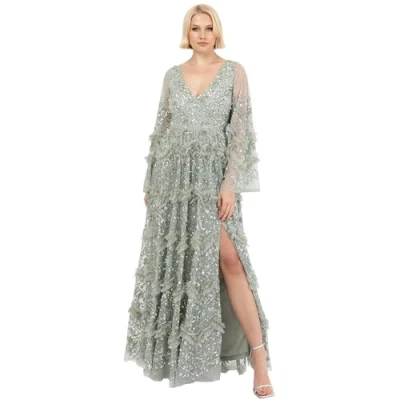 Abbildung von Maya Deluxe Damen Ladies Womens Maxi Dress V Neckline Sequin with Ruffle Empire Waist Slit Split for Prom Ball Bridesmaid Wedding Guest Kleid, Grüne Lilie, 36