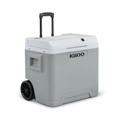 Abbildung von IGLOO elektrische Kühlbox IE42 mit Telekop Griff und Rollen für Auto Steckdose, Mini Kühlschrank 42 L, 12V 230V, Grau
