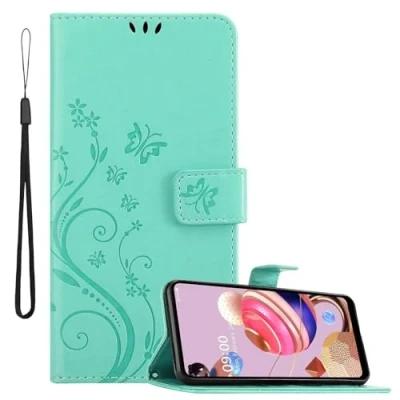 Abbildung von Cadorabo Hülle kompatibel mit LG K51S Blumen Design aus Premium Kunst Leder Flip Klappbare Stoßfeste Magnetische [Standfunktion] [Kartenfächern] Cover Case für Tasche in Türkis