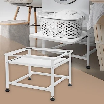 Abbildung von ML Design Waschmaschinen Untergestell mit ausziehbarer Ablage, Weiß, 62,5x53,5x45 cm, aus Stahl, bis 150kg, höhenverstellbaren Füße, Waschmaschinensockel Trocknersockel Podest Unterschrank Erhöhung